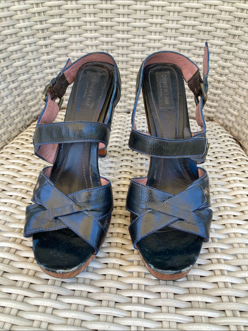 Derek Lam Navy Blue Crinkle Patent Leather Strappy Wood Platform Sandal Sz 11